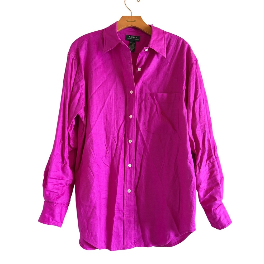 Lauren Ralph Lauren Fuchsia Pink 100% Linen Button Down Shirt Womens Size 10